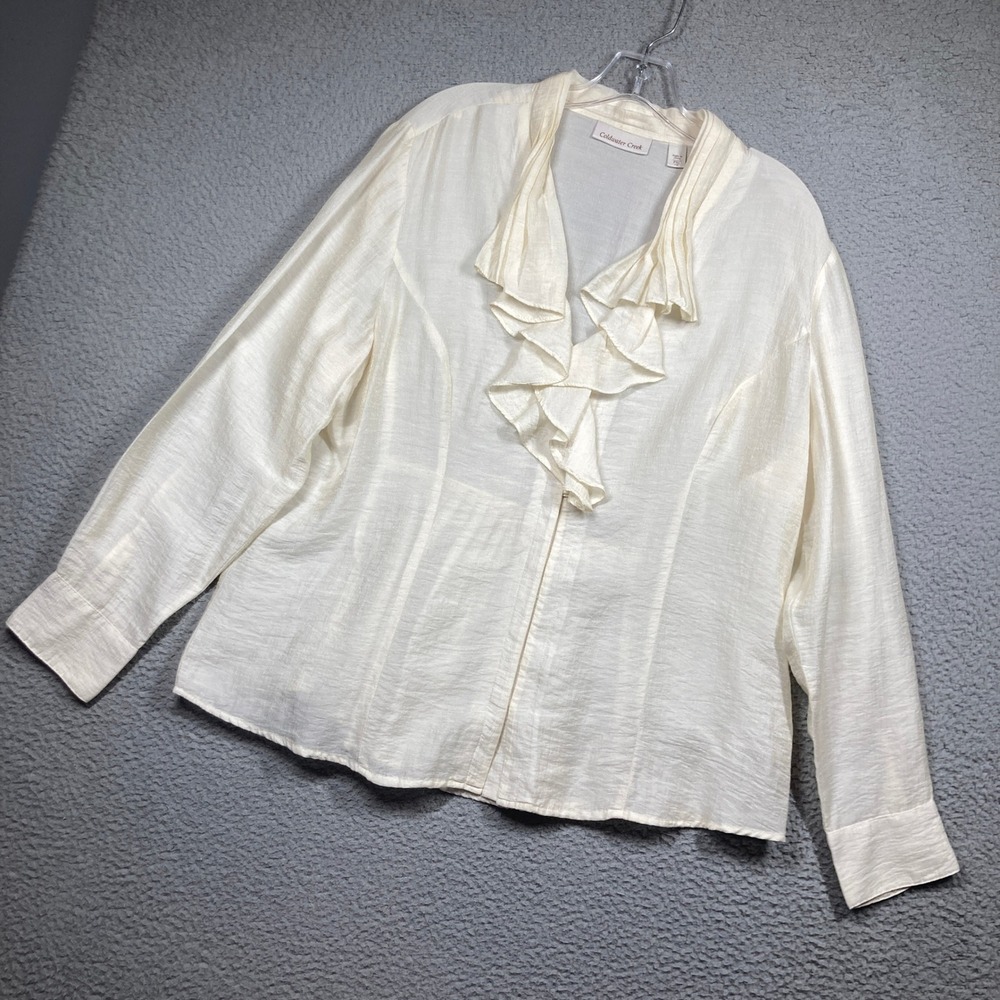 Coldwater Creek Top Women PXL Cream Ruffle V-Neck Long Sleeve Shimmer Romantic